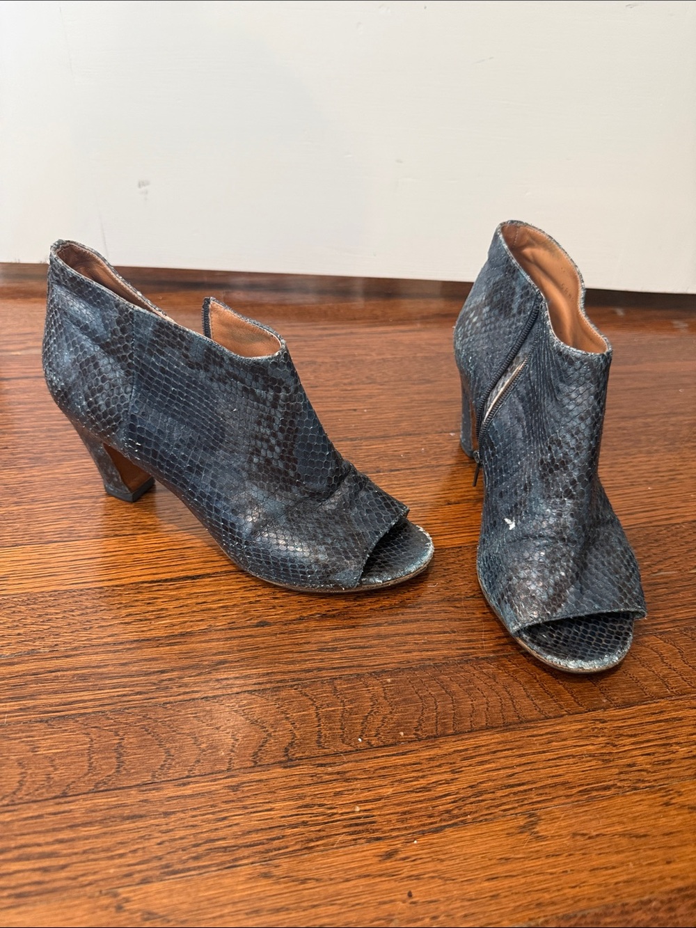 Women’s Open-Toe Snake-Print Ankle Booties in Blue